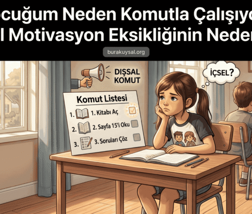 why_does_my_child_only_act_when_told_the_reasons_behind_a_lack_of_intrinsic_motivation-0 Çocuklarda içsel ve dışsal motivasyon farkını gösteren iki panelli illüstrasyon. Solda bir kontrol listesiyle çalışan üzgün bir çocuk, sağda 'İÇSEL?' diye soran daha mutlu bir çocuk. Türkçe başlık ve web sitesi görülüyor.