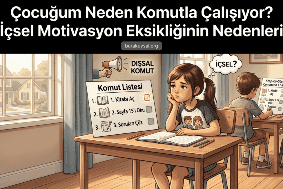 Çocuklarda içsel ve dışsal motivasyon farkını gösteren iki panelli illüstrasyon. Solda bir kontrol listesiyle çalışan üzgün bir çocuk, sağda 'İÇSEL?' diye soran daha mutlu bir çocuk. Türkçe başlık ve web sitesi görülüyor.